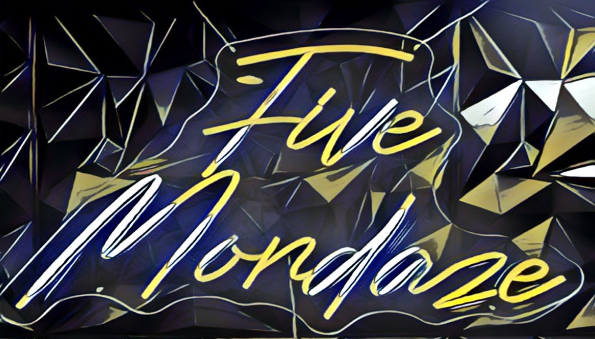 Five Mondaze — gold and silver neon logo over faceted dark blue geometry